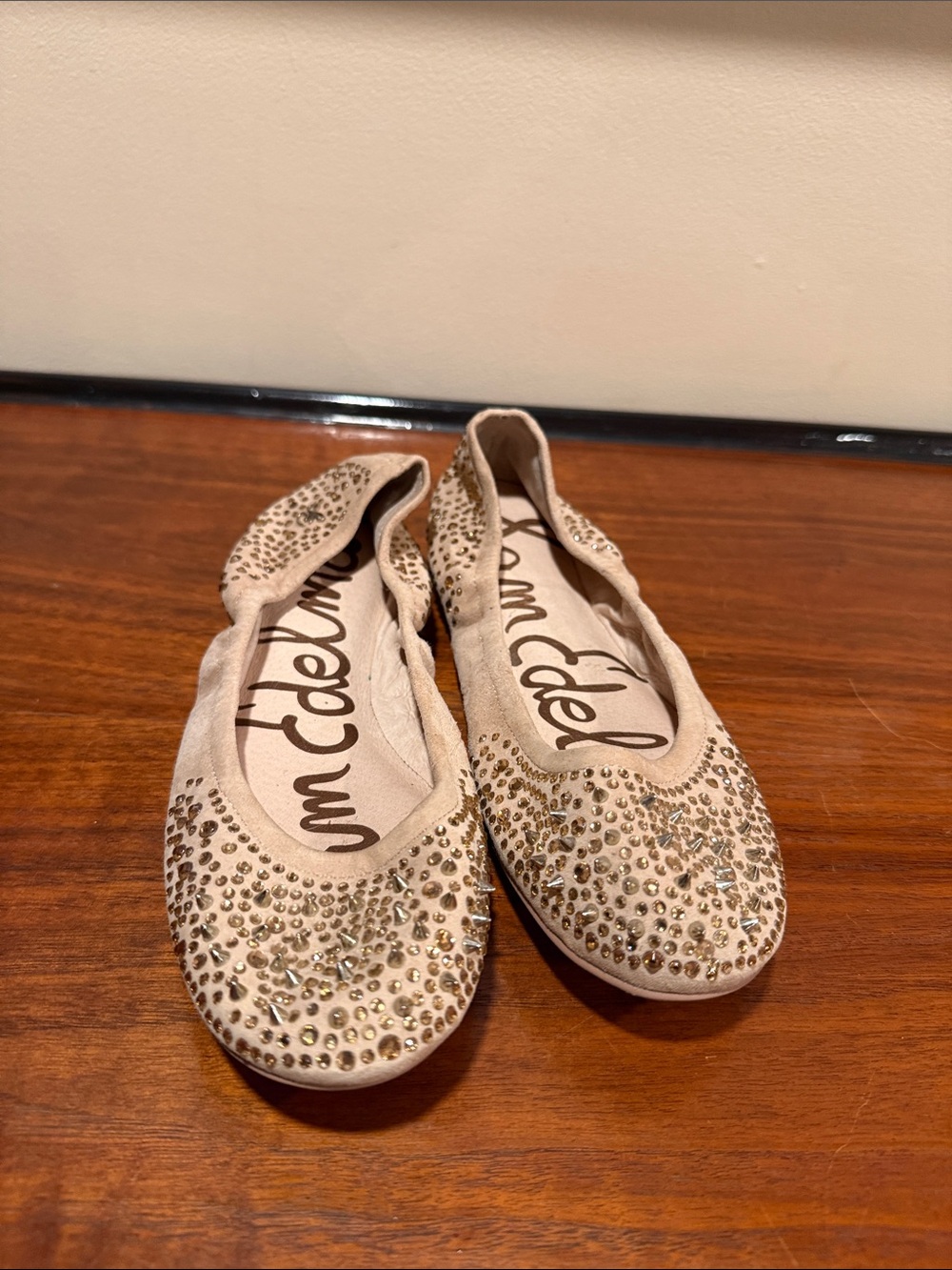 Sam Edelman Beige Crystal-Studded Ballet Flats - Size 6.5 / 37.5